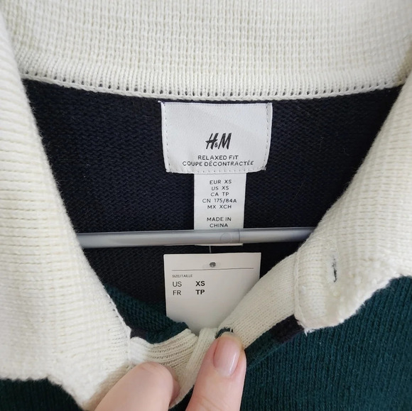H&M Knit  Polo Sweater Navy Green Cotton Stripes Long Sleeve size XS - Picture 2 of 5